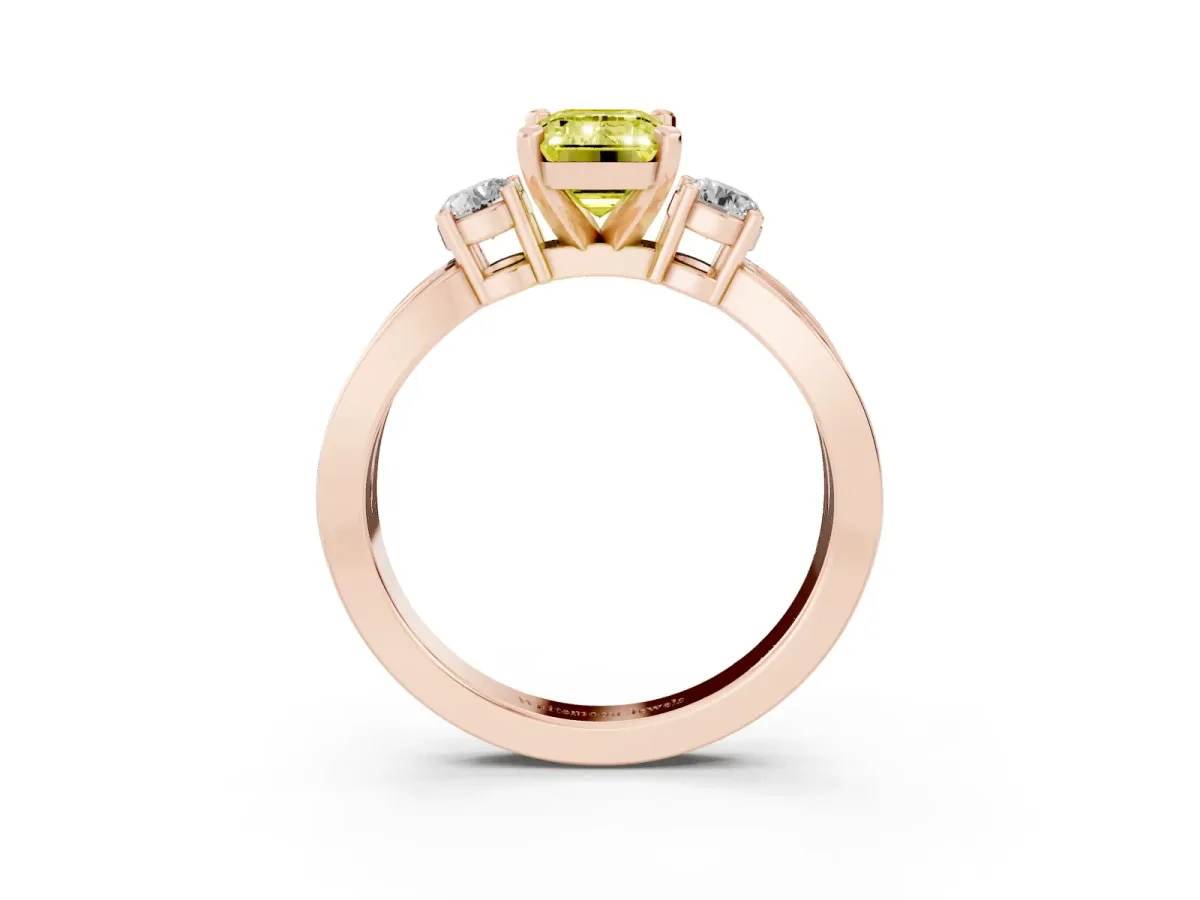 Fancy Yellow Three-Stone Emerald Cut Cut Diamond Twist Band with Prong Setting Rose gold
