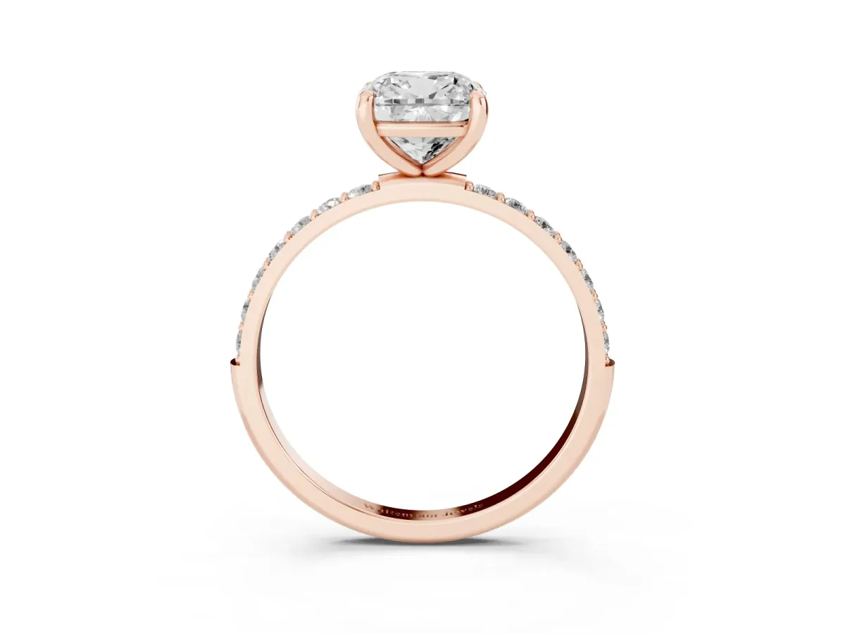Cushion Cut Diamond Solitaire Ring with Round Pavé Band and Prong Setting Rose gold