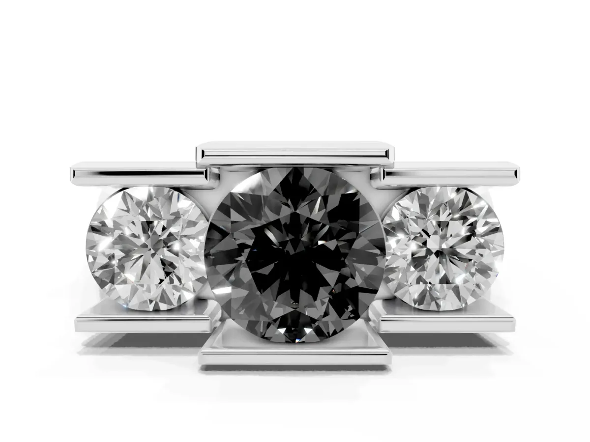 Fancy Black Three Stone Round Cut Cut Channel Set Diamond Ring Platinum