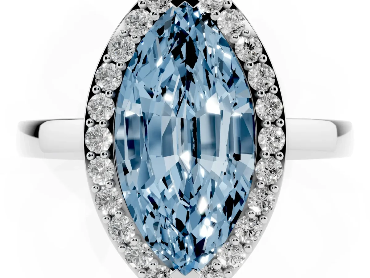 Fancy Blue Marquise Cut Halo Diamond Ring with Solitaire Band and Prong Setting Platinum