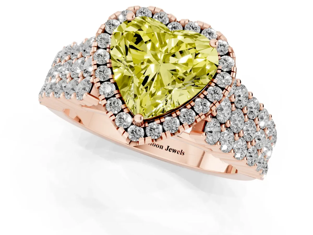 Fancy Yellow Heart Cut Diamond Halo Engagement Ring with Triple Row Round Pavé Band and Prong Setting Rose gold