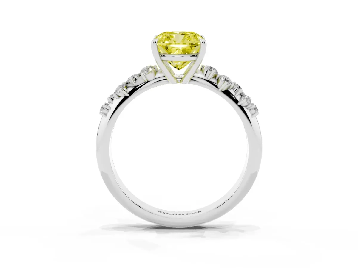 Fancy Yellow Cushion Cut Diamond Cluster Side Stone Solitaire Ring with Prong Setting White gold