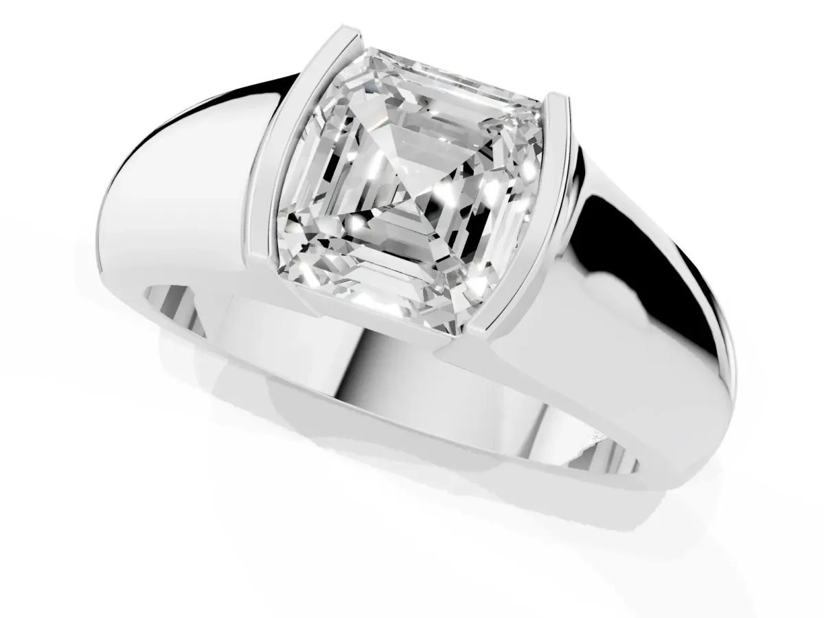 Asscher Cut Solitaire Bezel Set Diamond Ring with Wide Band Silver