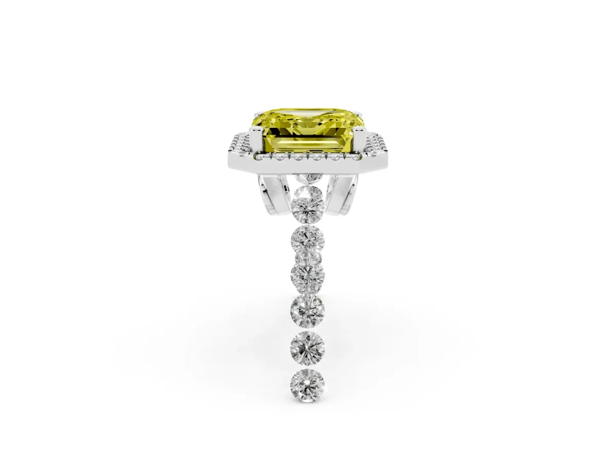 Fancy Yellow Asscher Cut Halo Pavé Diamond Engagement Ring with Four-Prong Setting Platinum