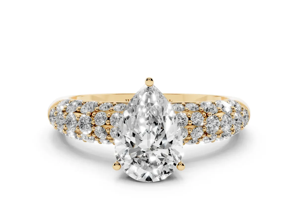 Pear Cut Diamond Pavé Band Solitaire Ring with Four-Prong Setting Yellow gold