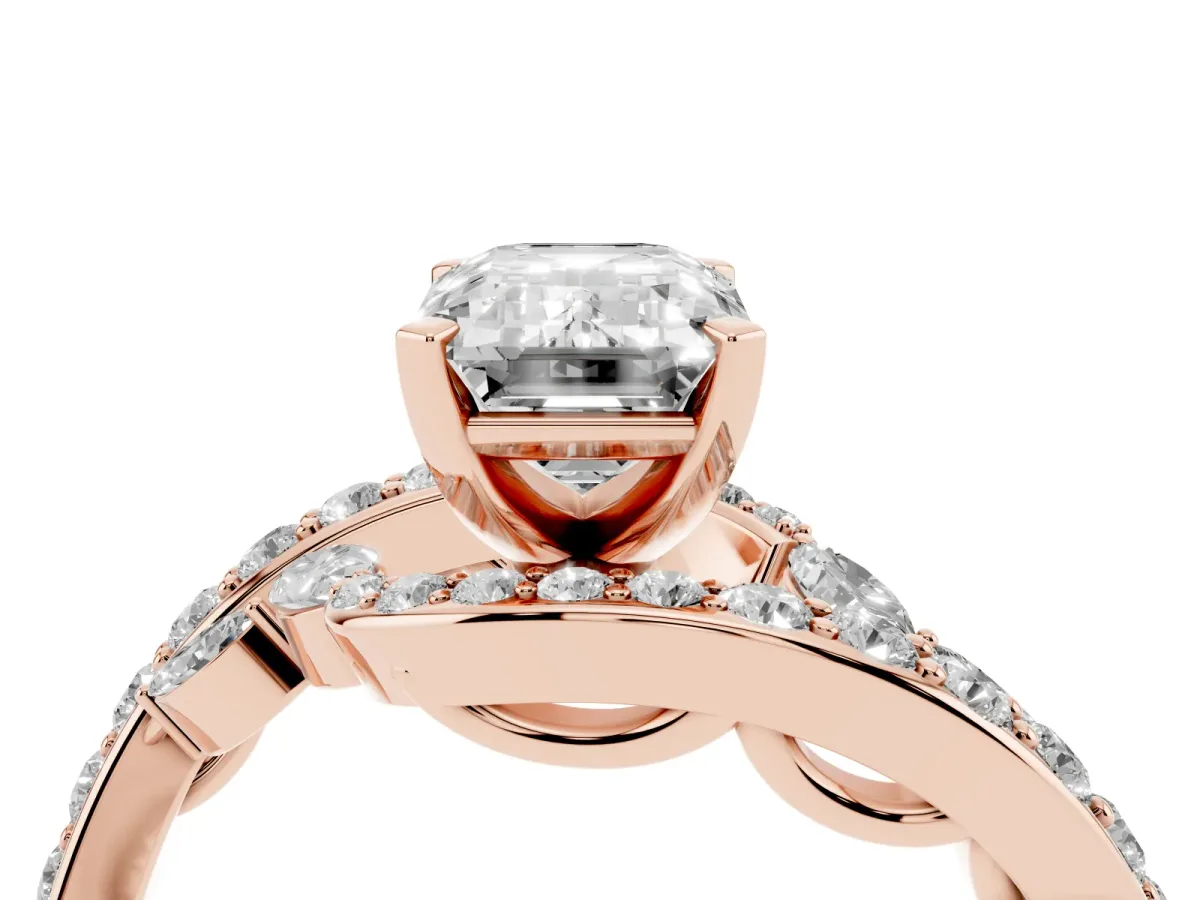 Emerald Cut Solitaire with Pavé Twist Band and Four-Prong Setting Rose gold