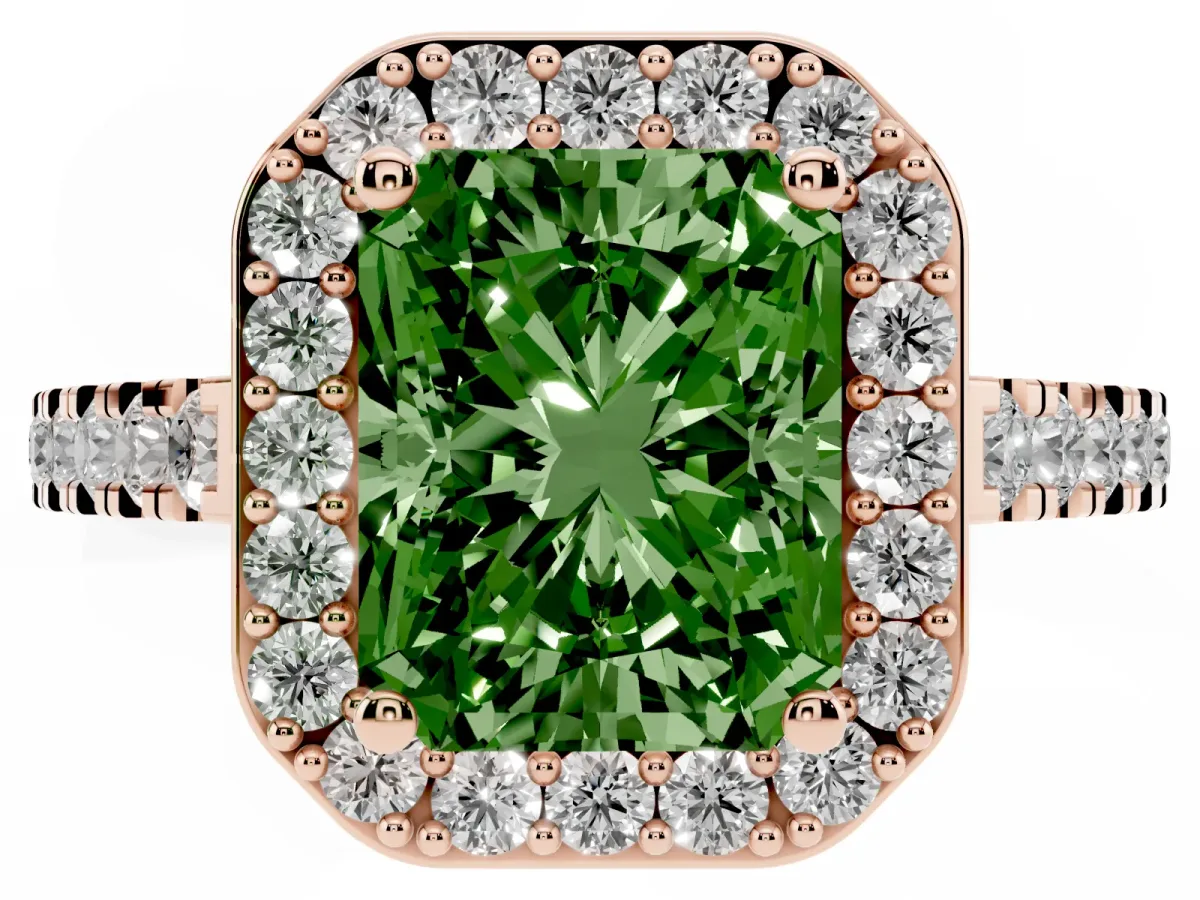 Fancy Green Radiant Cut Diamond Halo Ring with Round Pavé Split Shank and Prong Setting Rose gold
