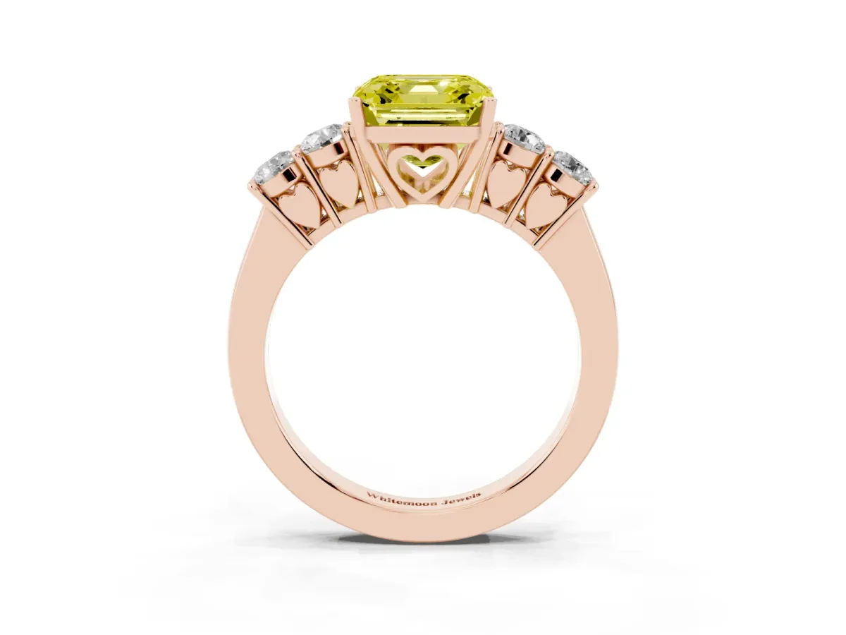 Fancy Yellow Asscher Cut Cut Diamond Five-Stone Prong Set White Gold Ring Rose gold