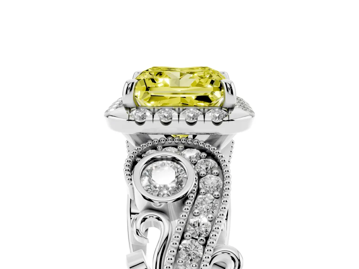 Fancy Yellow Princess Cut Diamond Halo Ring with Milgrain Pavé Band and Four-Prong Setting Silver