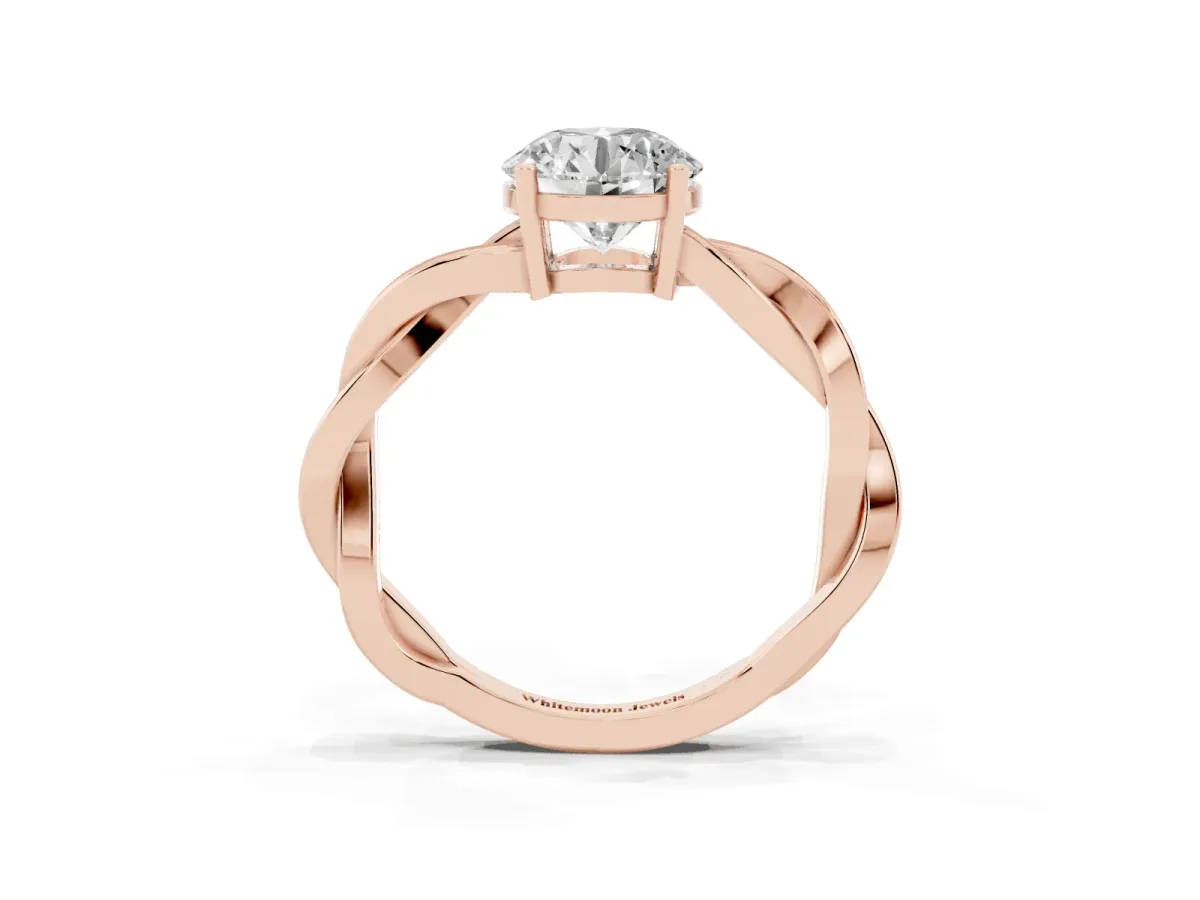 Round Cut Solitaire Twisted Pave Diamond Ring with Four-Prong Setting Rose gold