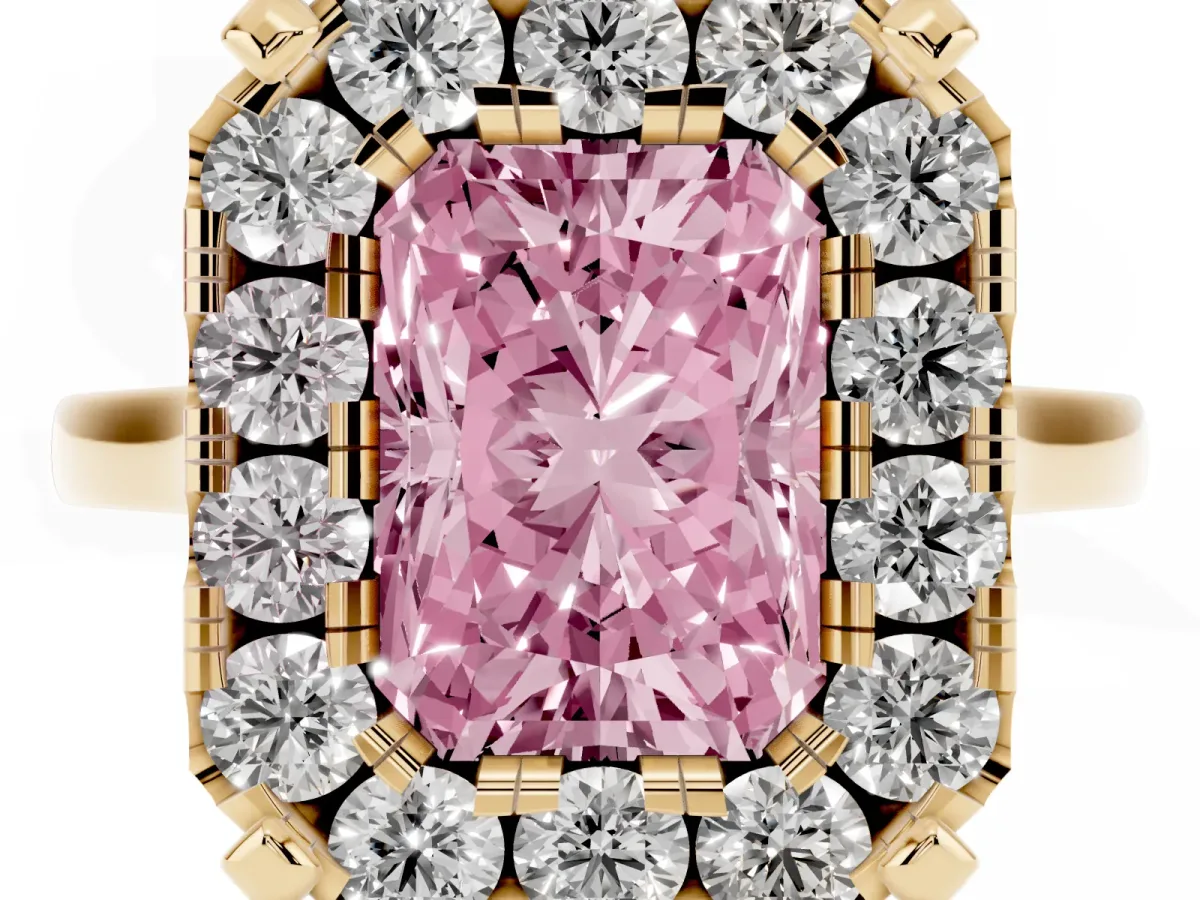 Fancy Pink Radiant Cut Diamond Cluster Halo Solitaire with Four-Prong Setting Yellow gold