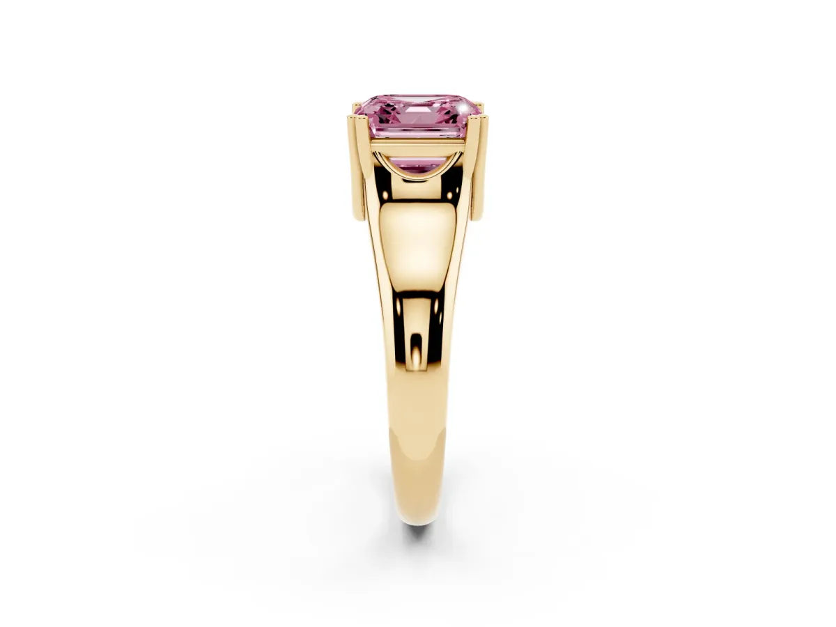 Fancy Pink Asscher Cut Diamond Solitaire Ring with Wide Band and Prong Setting Yellow gold