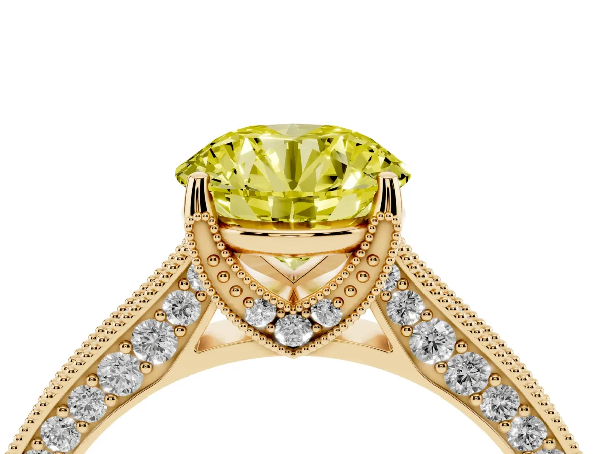 Fancy Yellow Round Cut Cut Diamond Solitaire Ring with Milgrain Pave Band and Four Prong Setting Yellow gold