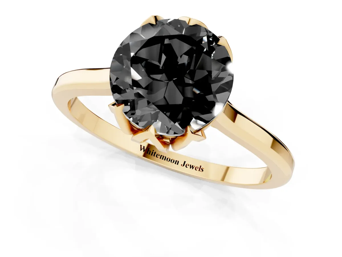 Fancy Black Round Cut Diamond Solitaire Ring with Flower Prong Setting and Classic Band Yellow gold