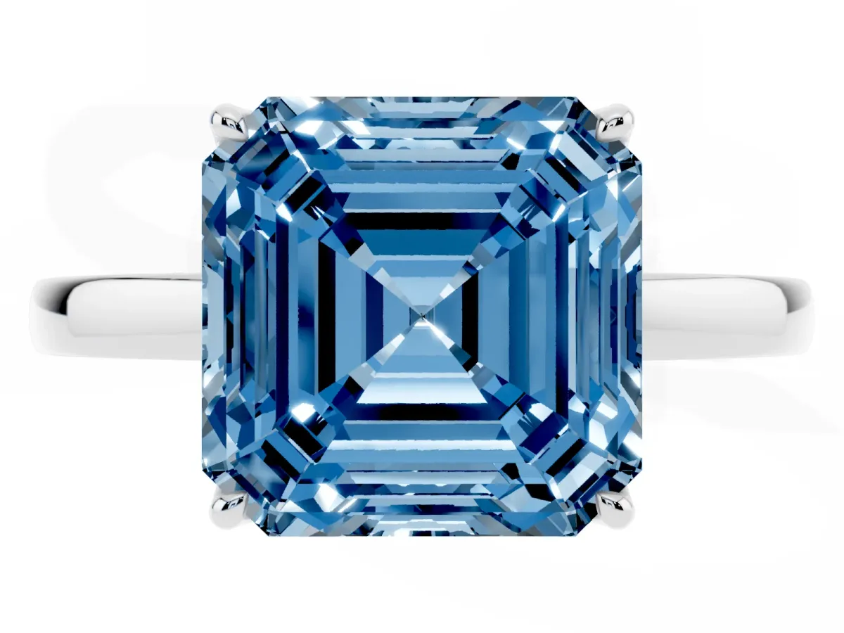 Fancy Blue Asscher Cut Diamond Solitaire Ring with Thin Band and Prong Setting Silver