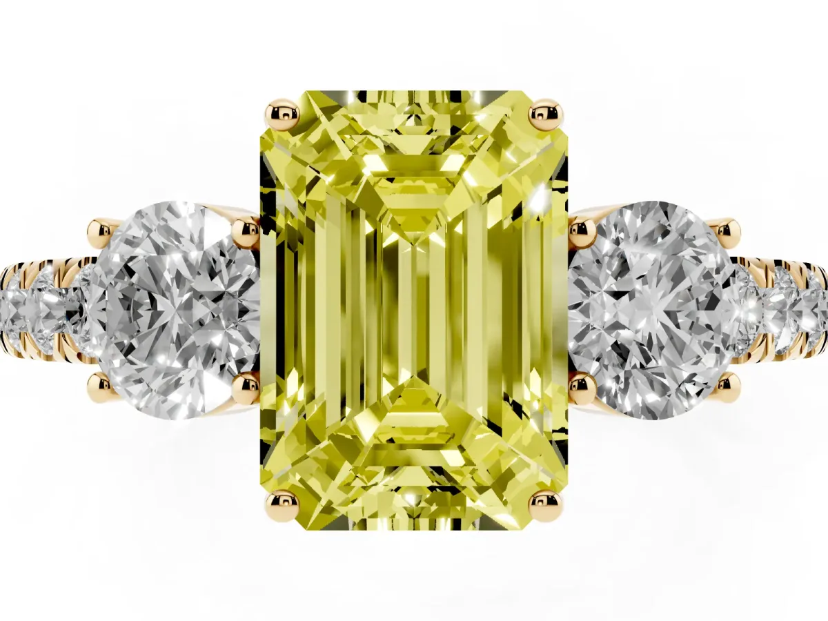 Fancy Yellow Emerald Cut Cut Diamond Three-Stone Ring with Round Side Stones and Pavé Band Yellow gold