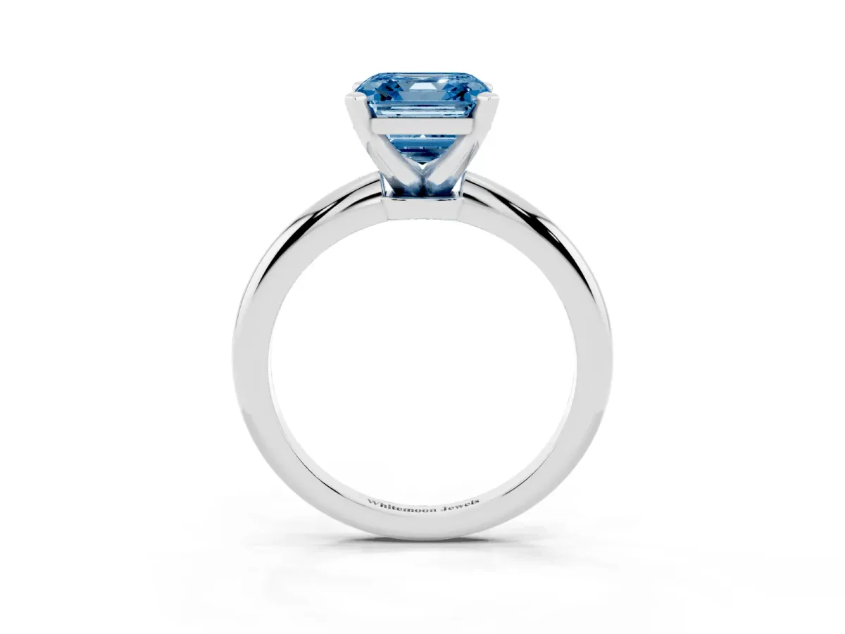 Fancy Blue Asscher Cut Diamond Solitaire Ring with Prong Setting and Classic Band Platinum