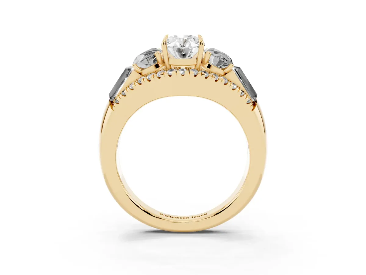 Three-Stone Oval Cut Diamond Engagement Ring with Pave Band and Prong Setting Yellow gold