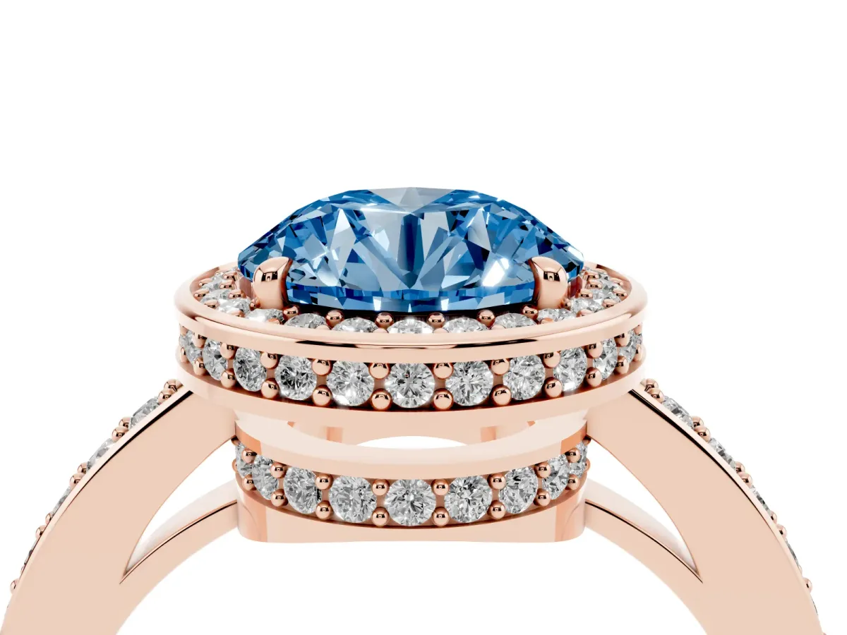 Fancy Blue Round Cut Halo Pave Band Solitaire Ring with Prong Setting Rose gold