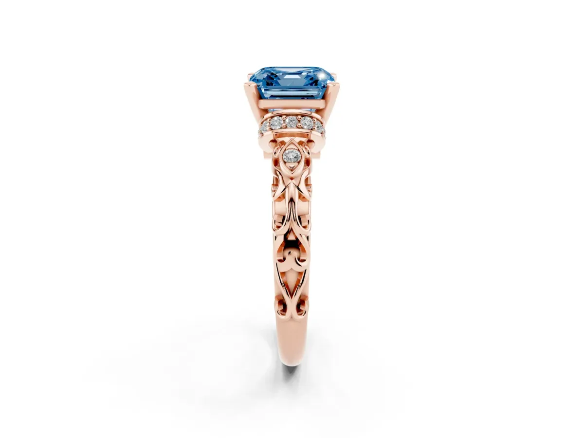 Fancy Blue Asscher Cut Diamond Solitaire Ring with Filigree Band and Four-Prong Setting Rose gold