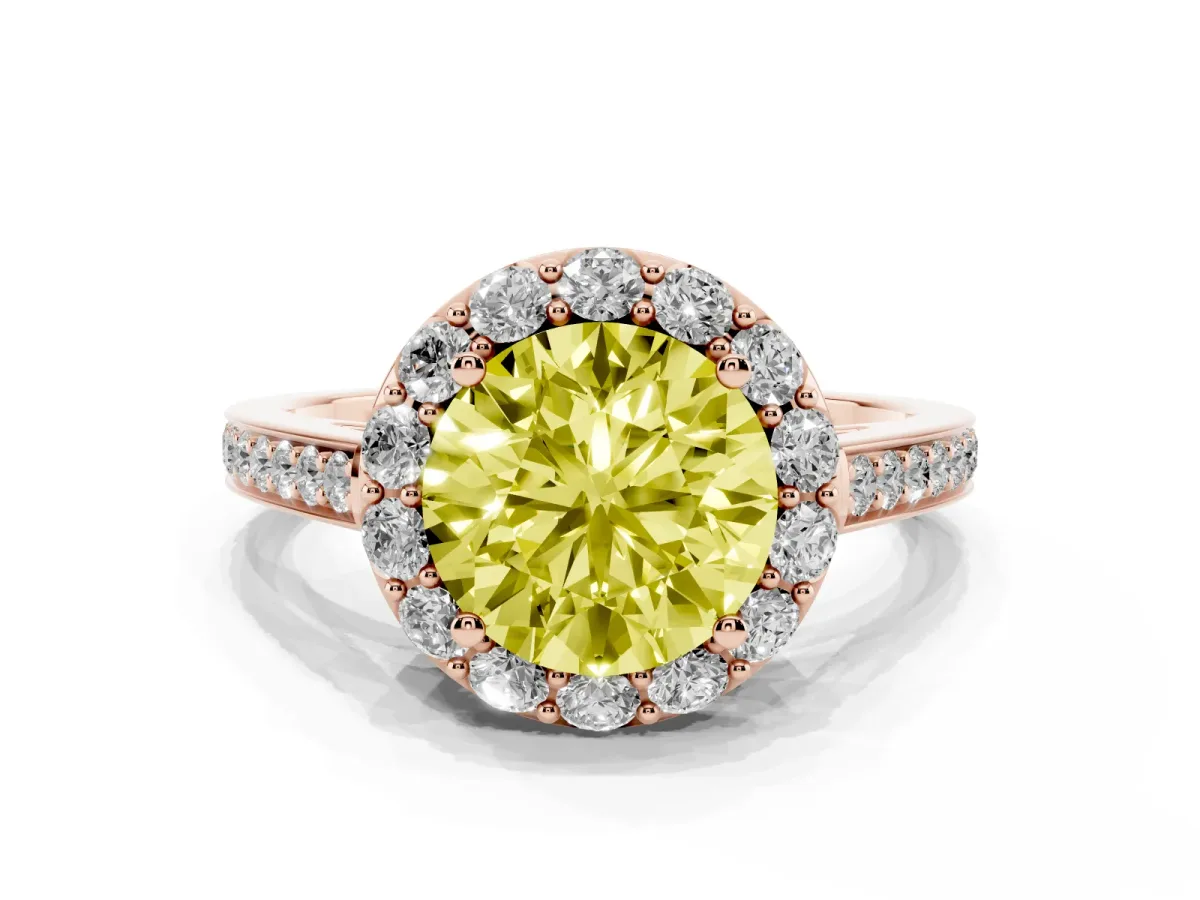 Fancy Yellow Round Cut Diamond Floral Halo Ring with Pavé Band and Prong Setting Rose gold