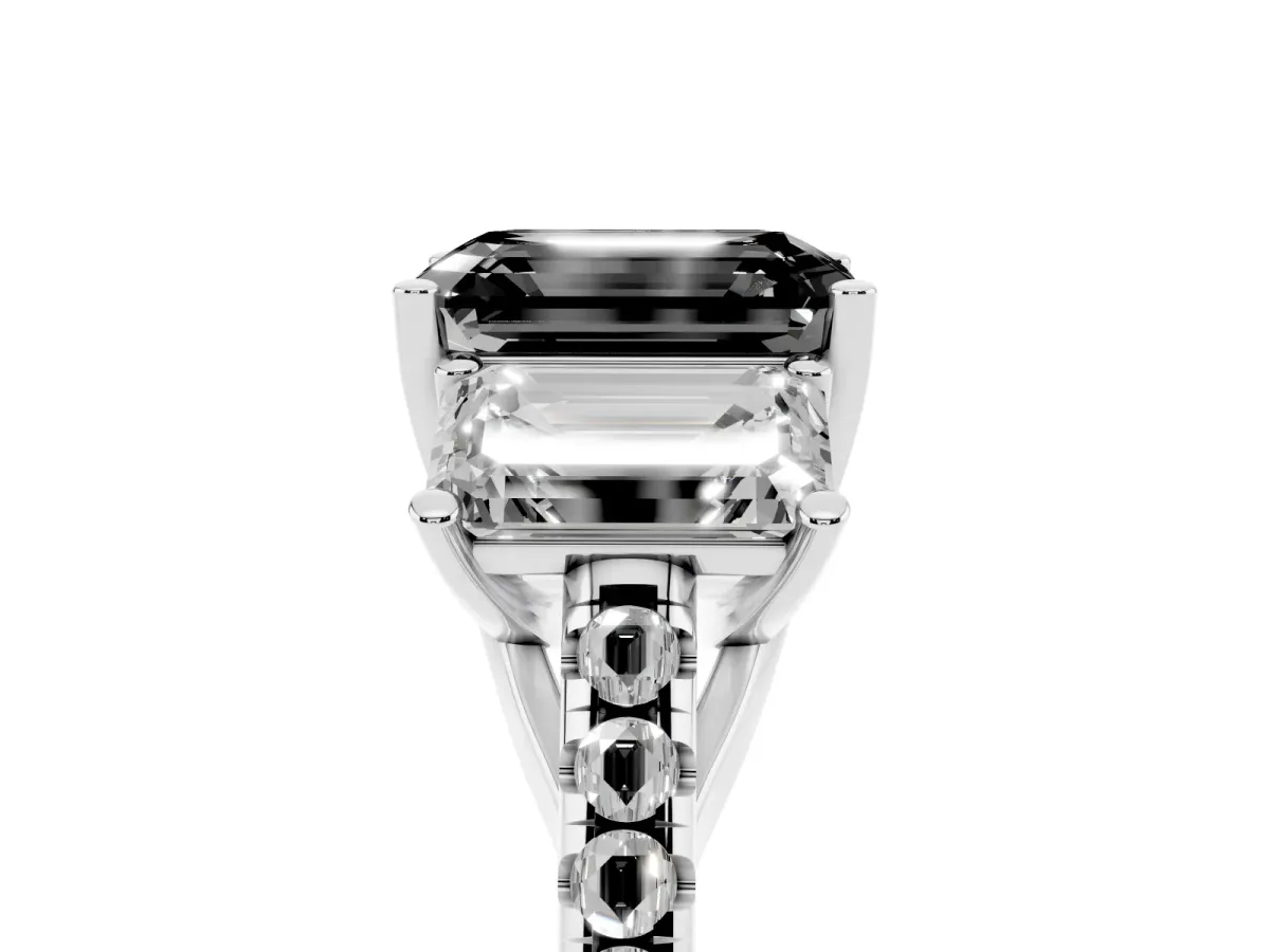 Fancy Black Three-Stone Emerald Cut Diamond Ring with Round Pavé Band and Prong Setting Silver