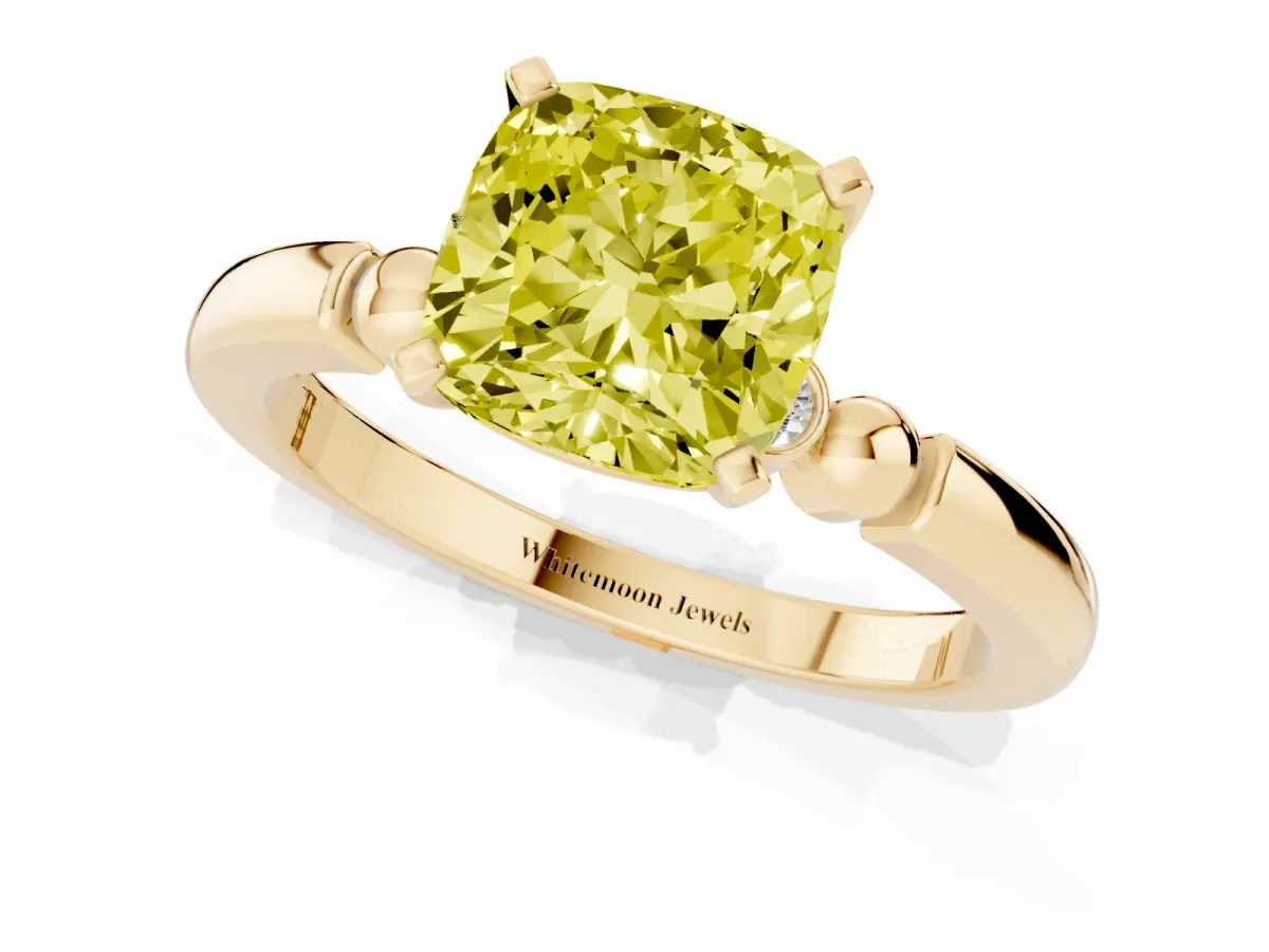 Fancy Yellow Cushion Cut Solitaire Beaded Band with Four-Prong Setting Yellow gold