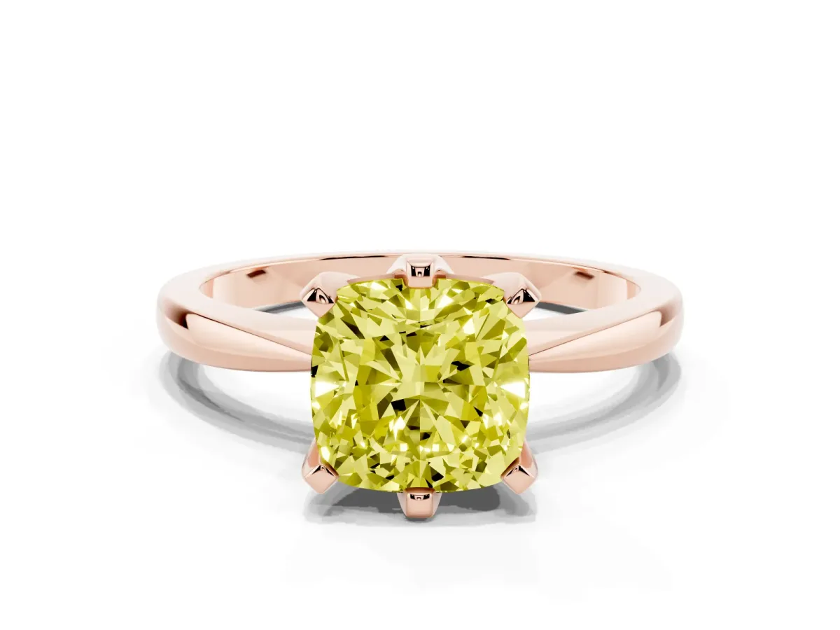 Fancy Yellow Cushion Cut Solitaire Engagement Ring with Six-Prong Setting and Tapered Band Rose gold