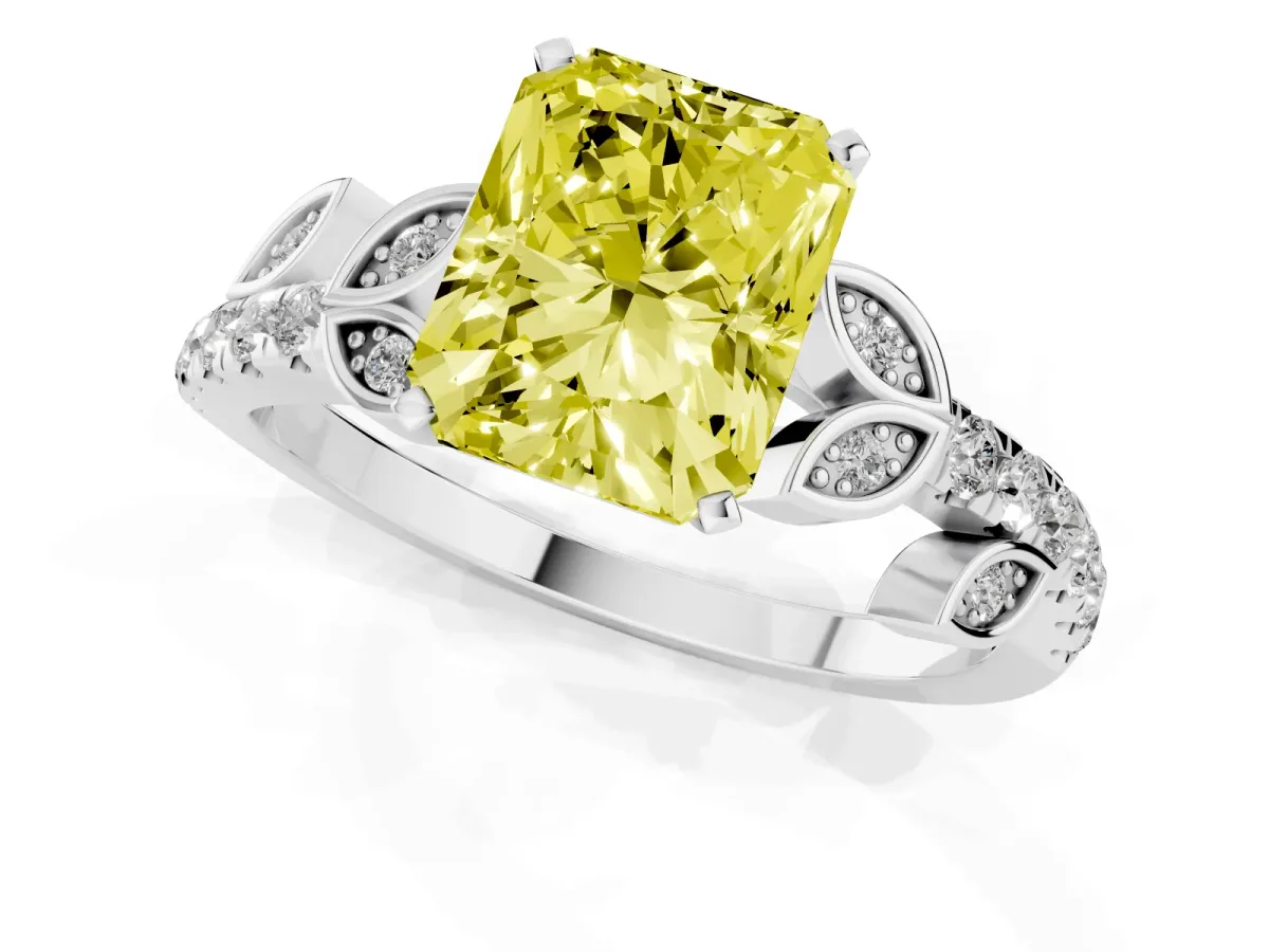 Fancy Yellow Radiant Cut Solitaire Leaf-Inspired Diamond Ring with Pavé Band and Four-Prong Setting Silver