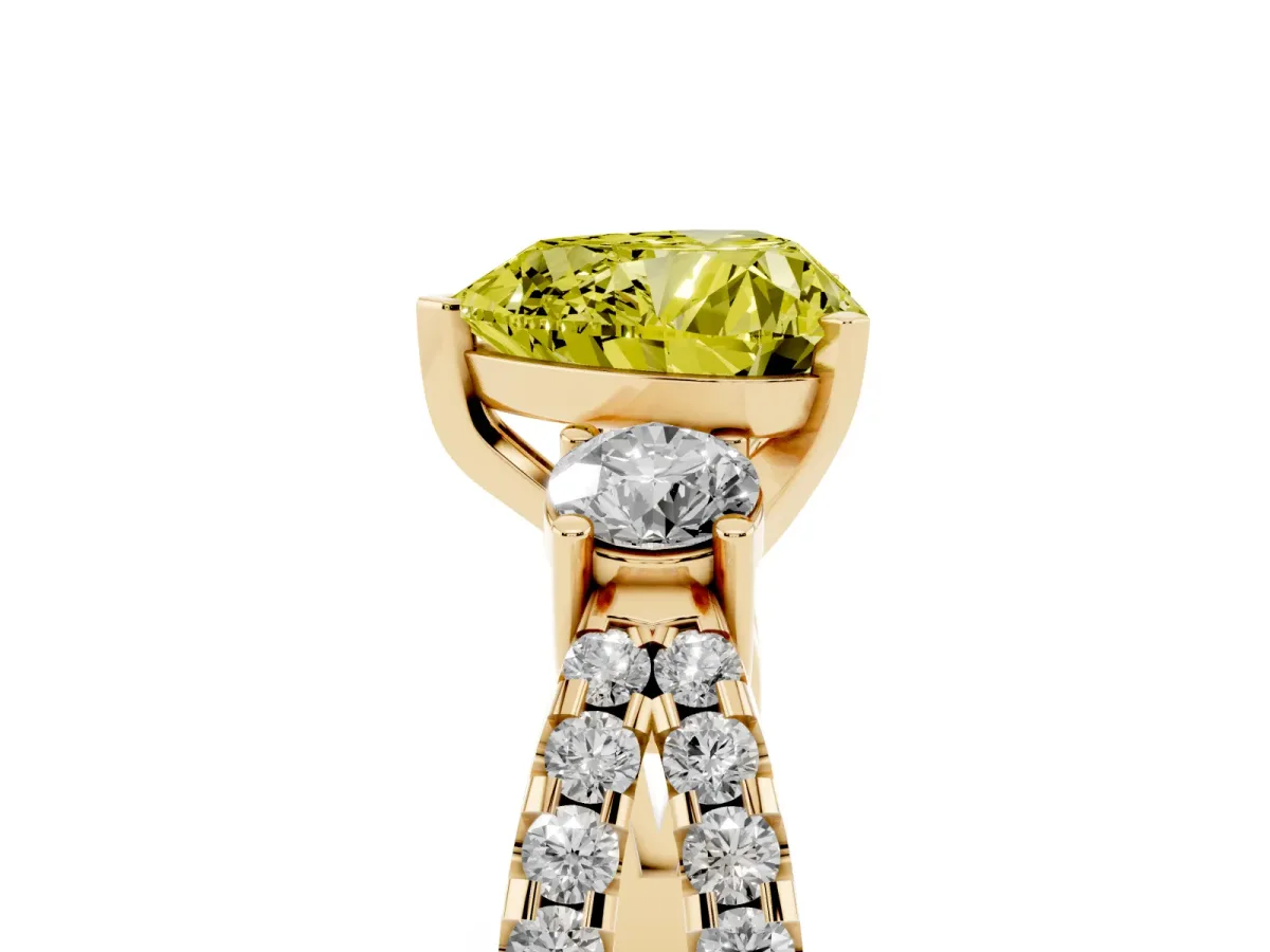 Fancy Yellow Heart Cut Diamond Three-Stone Ring with Pavé Split Shank and Four-Prong Setting Yellow gold