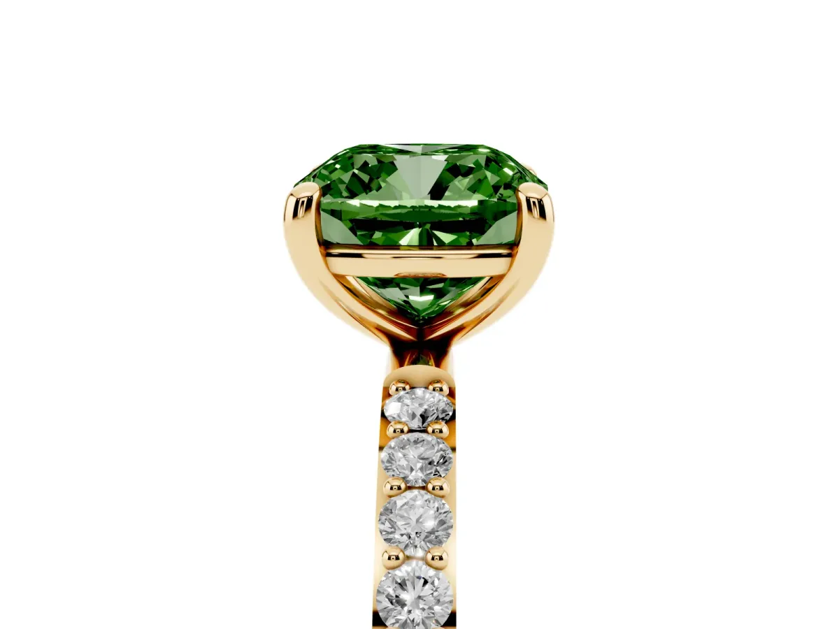 Fancy Green Cushion Cut Diamond Solitaire Ring with Round Pavé Band and Prong Setting Yellow gold