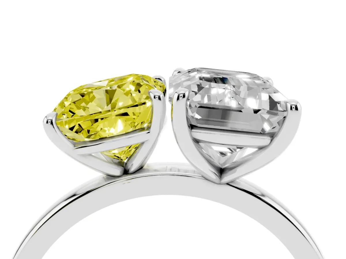 Fancy Yellow Cushion Cut and Emerald Cut Toi Moi Ring with Prong Setting Silver