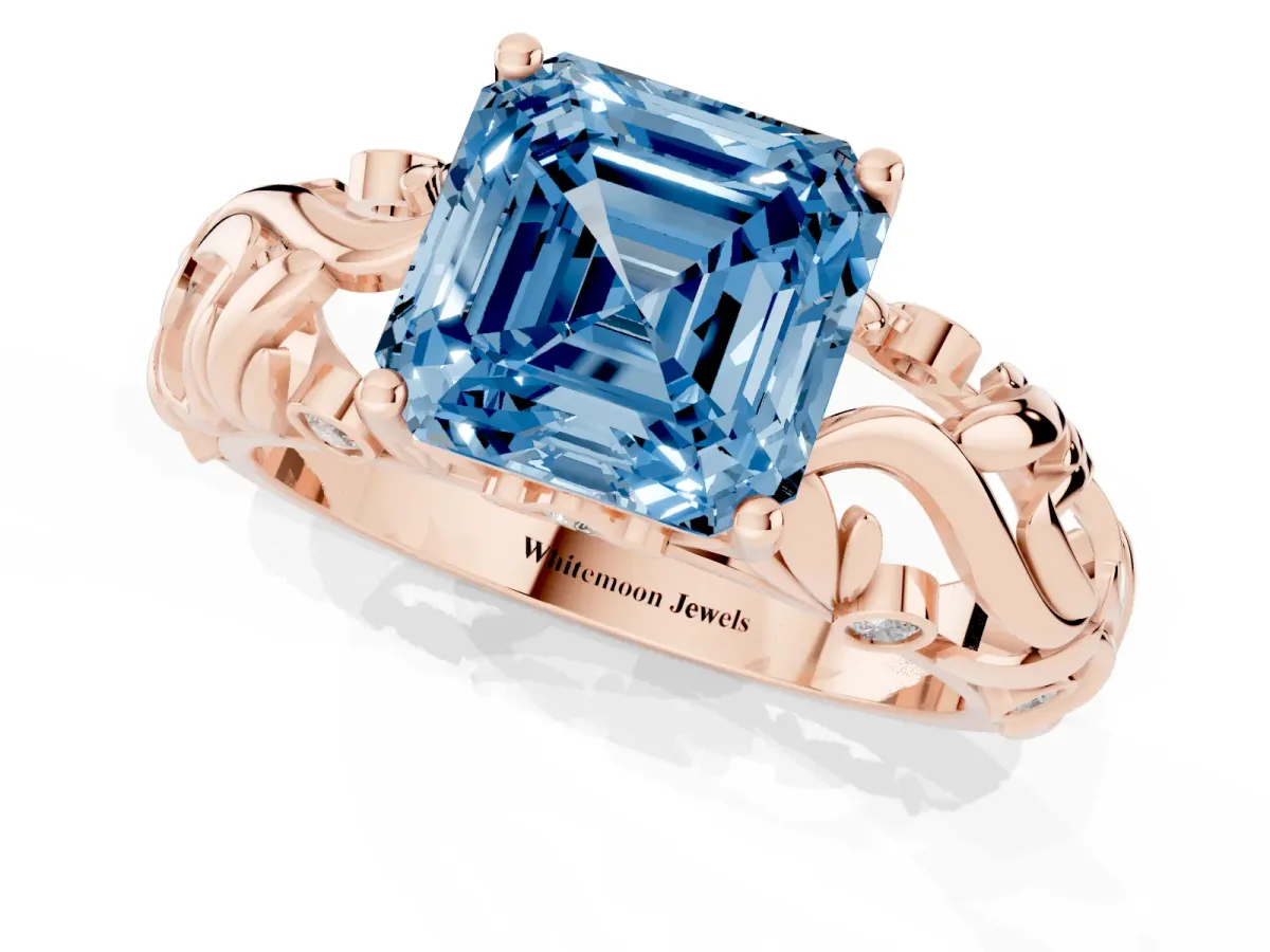 Fancy Blue Asscher Cut Solitaire Diamond Leaf-Inspired Vine Band Ring with Prong Setting Rose gold
