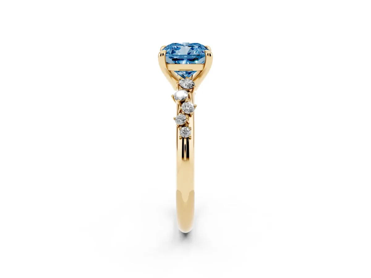 Fancy Blue Cushion Cut Cut Diamond Vine Band with Four-Prong Setting Yellow gold