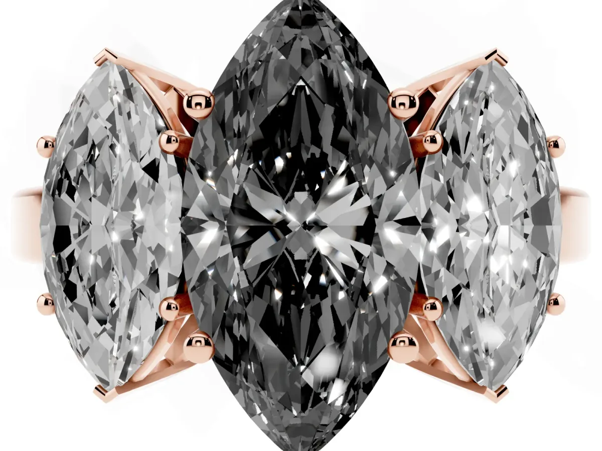 Fancy Black Three-Stone Marquise Cut Cut Diamond Engagement Ring with Flat Band and Four-Prong Setting Rose gold