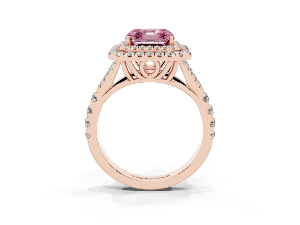 Fancy Pink Asscher Cut Cut Double Halo Split Shank Diamond Ring with Prong Setting Rose gold