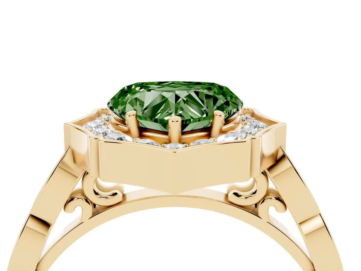 Fancy Green Heart Cut Halo Diamond Engagement Ring with Milgrain Band and Four-Prong Setting Yellow gold