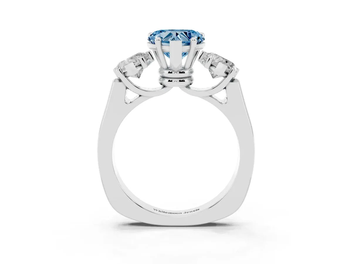 Fancy Blue Three-Stone Heart Cut Brilliant Diamond Trellis Ring with Comfort Fit Band Silver