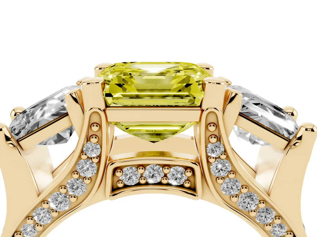 Fancy Yellow Asscher Cut Diamond Three-Stone Ring with Channel Set Band and Four-Prong Setting Yellow gold
