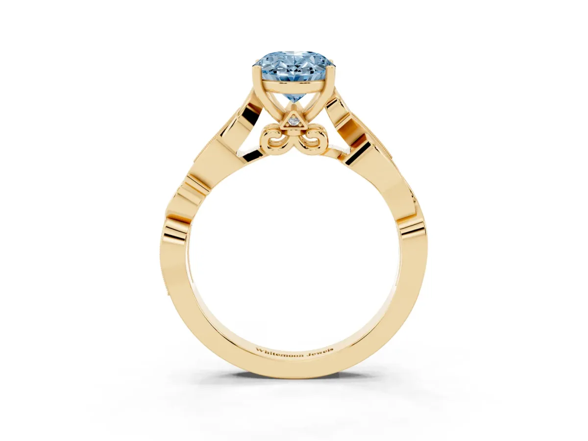 Fancy Blue Oval Cut Solitaire Vine Band with Milgrain Prong Setting Yellow gold