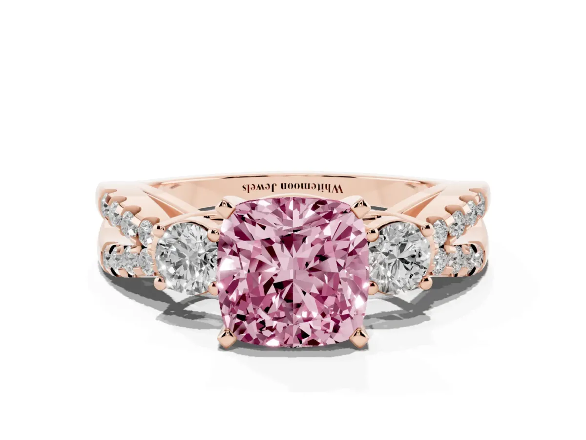 Fancy Pink Cushion Cut Diamond Three-Stone Ring with Pavé Split Shank and Four-Prong Setting Rose gold