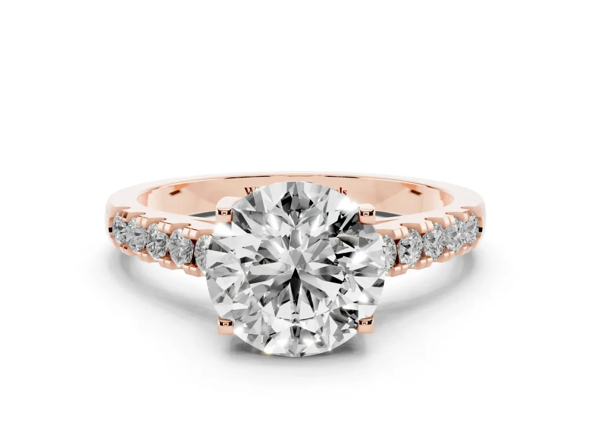 Round Cut Diamond Pavé Band Solitaire Ring with Prong Setting Rose gold