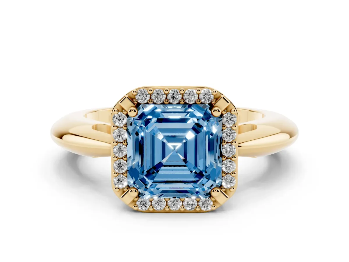 Fancy Blue Asscher Cut Cut Diamond Halo Engagement Ring with Split Shank and Four-Prong Setting Yellow gold