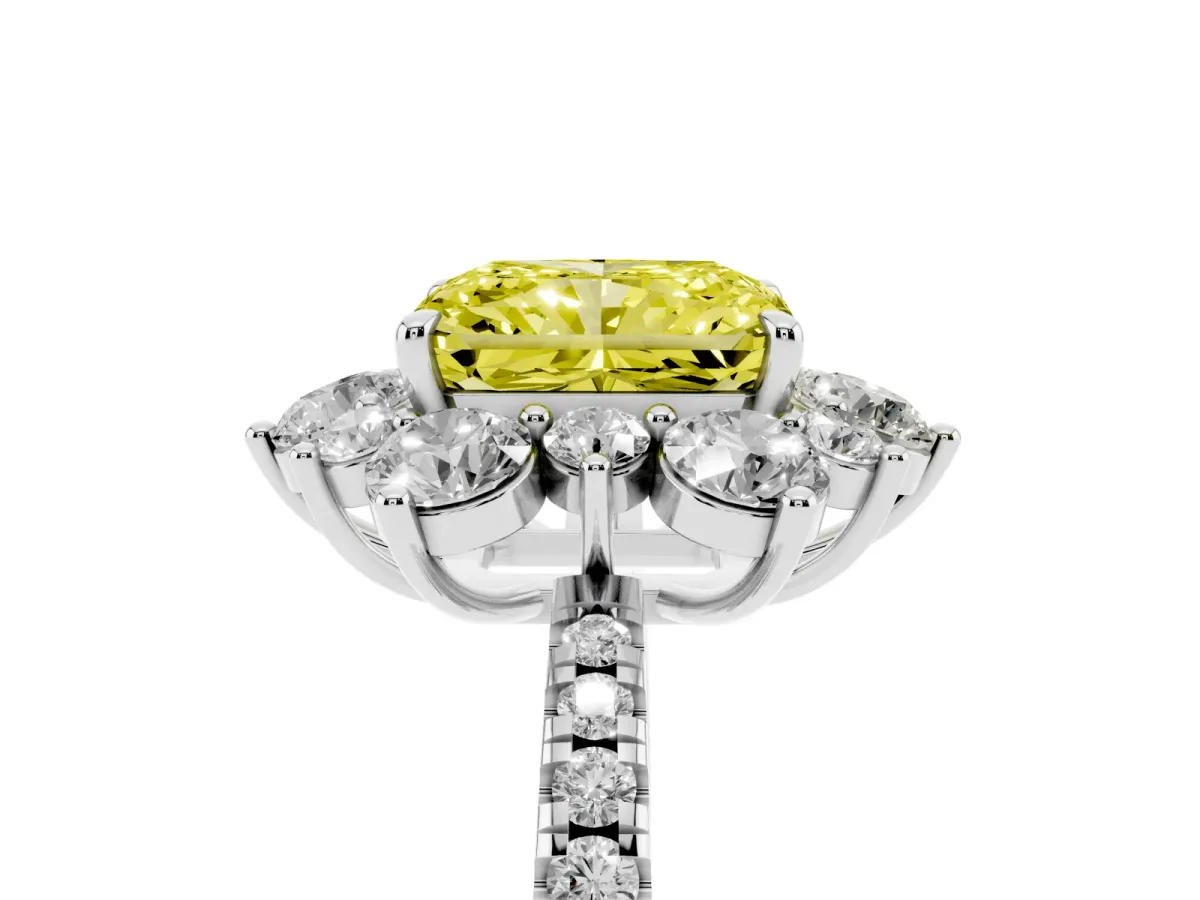 Fancy Yellow Radiant Cut Diamond Floral Halo Ring with Round Pavé Band and Prong Setting Platinum