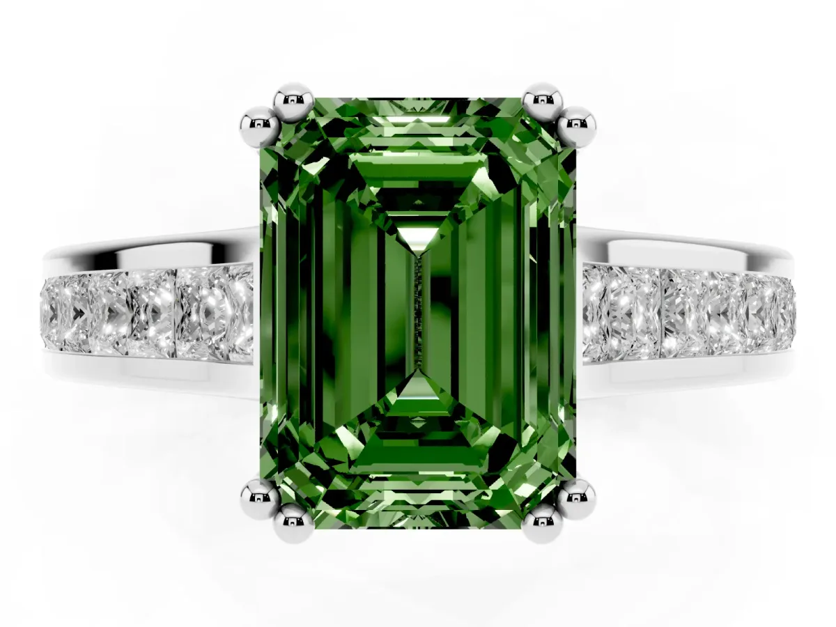Fancy Green Emerald Cut Cut Channel Set Solitaire Engagement Ring with Prong Setting White gold