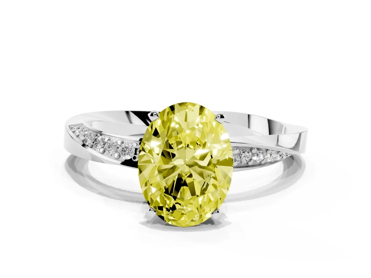 Fancy Yellow Oval Cut Diamond Engagement Ring with Side Stone Accents and Four-Prong Setting Silver