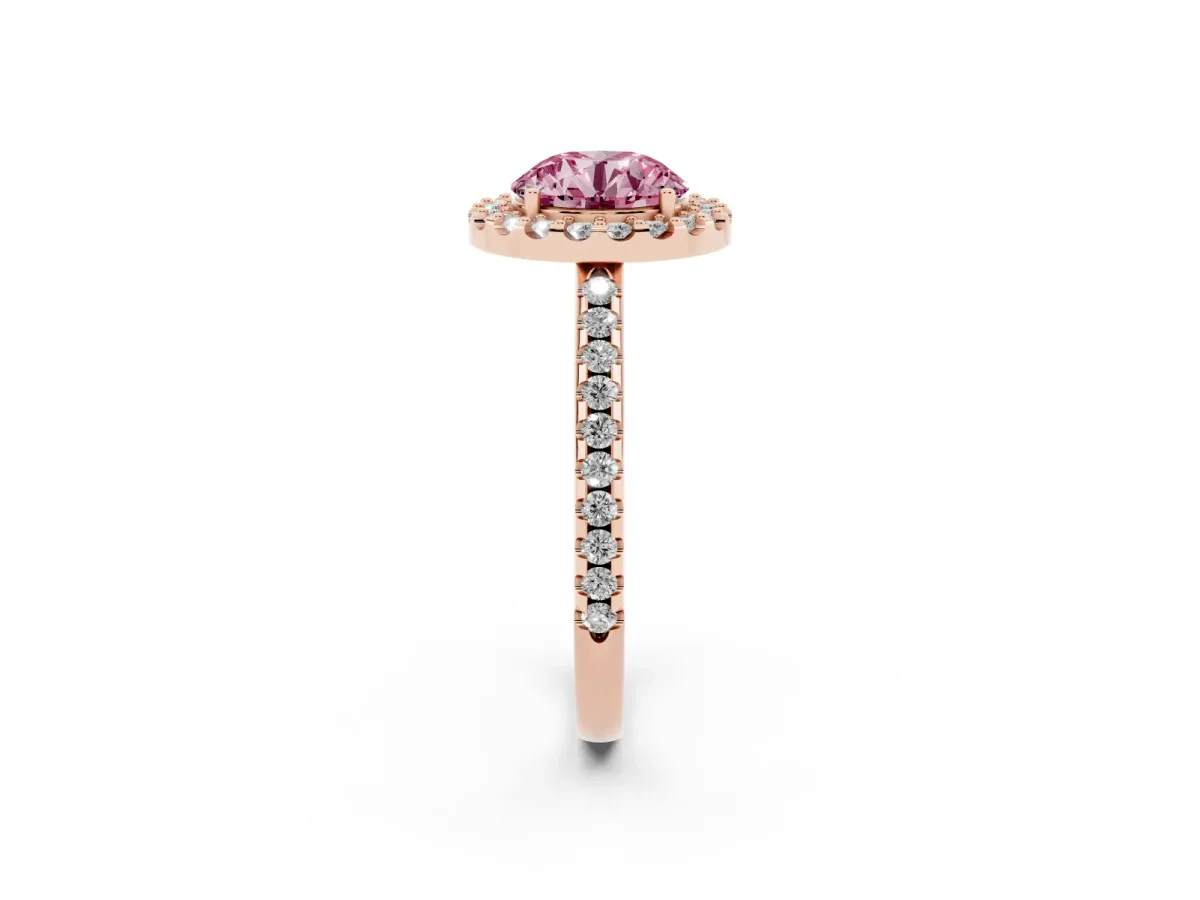 Fancy Pink Round Cut Diamond Pavé Halo Ring with Four-Prong Setting Rose gold