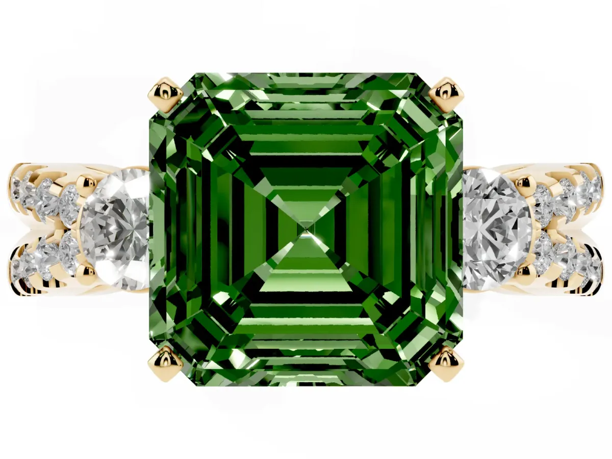 Fancy Green Asscher Cut Diamond Three-Stone Ring with Pavé Split Shank and Four-Prong Setting Yellow gold