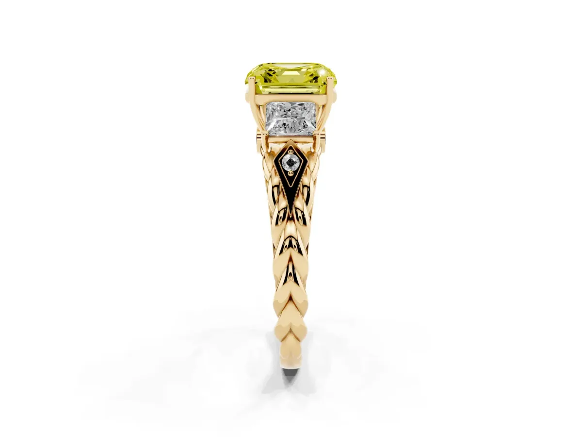 Fancy Yellow Three-Stone Asscher Cut Diamond Braided Band Ring with Four-Prong Setting Yellow gold