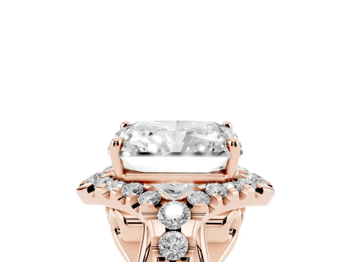 Radiant Cut Diamond Solitaire Ring with Hidden Halo and Pavé Band Rose gold